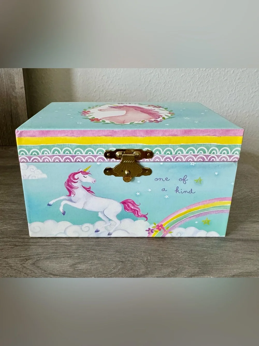 Girl's Musical Jewelry Storage Box with Spinning Unicorn, 6 x 4.65 x 3.5 inches